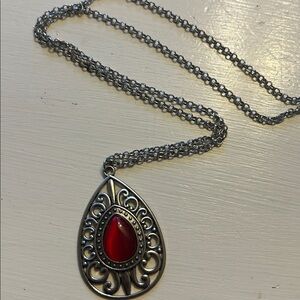 40” silver toned with red center medallion pendant necklace
